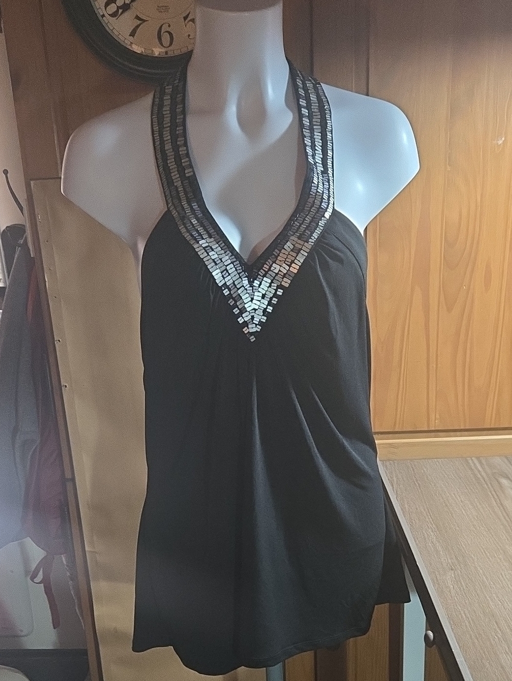 Spense Black Halter Camisole with Silver Sequin V-Neck